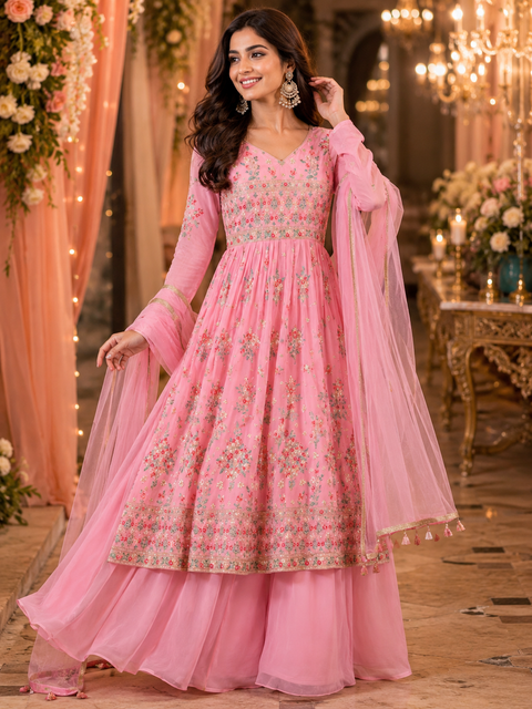 Georgette based sequined and embroidery work kameez with sharara pants and Georgette dupatta (slight variation in color and design is possible)