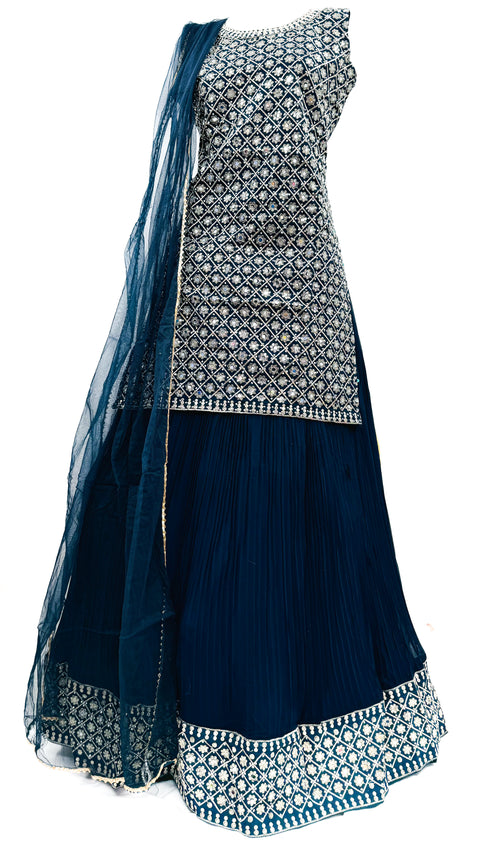 Georgette based handwork with Stones design beautiful flared Kameez with georgette Sharara and netting dupatta