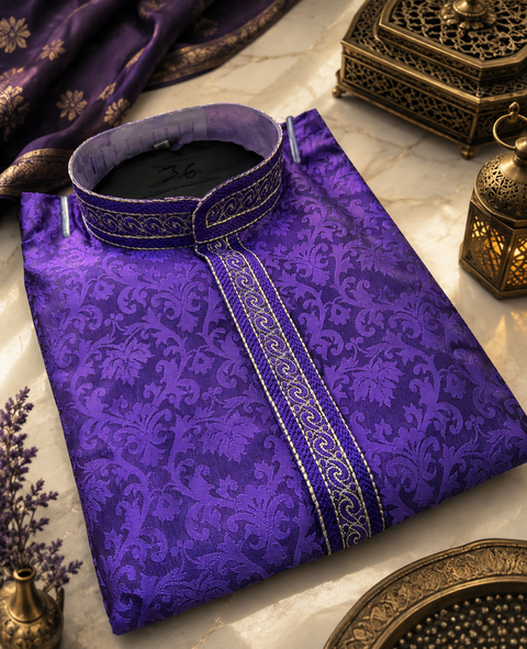 Soft Silk based brocade work neck embroidery designer Kurta with white Pajama (slight variation in color & design is possible)