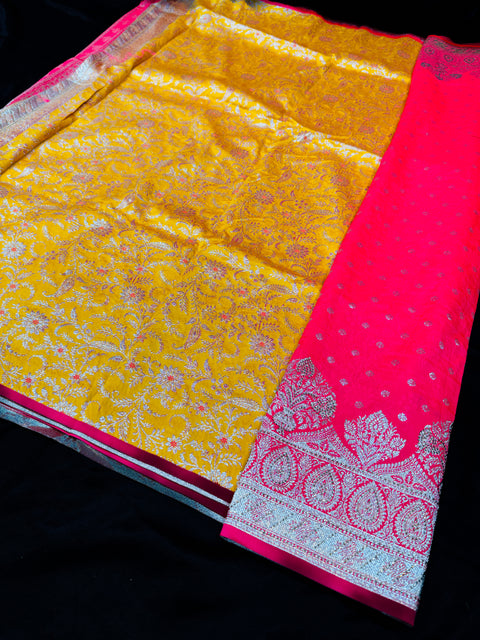 Soft Banarasi Silk brocade saree with stone work and tessels attach on Pallu and contrast brocade blouse piece