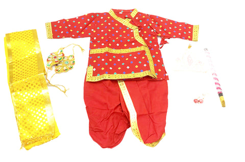 Red colour cotton base Krishna costume with accessories