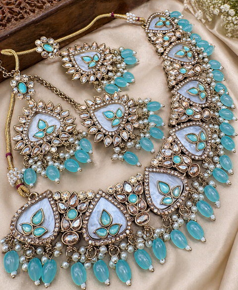 Original Polki stone with pearls beaded work beautiful necklace with earrings and tikka set