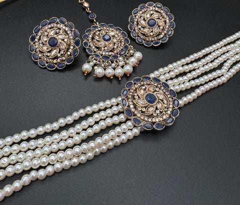 Jerkan fine stone with pearls beaded choker set with beautiful studs & tikka