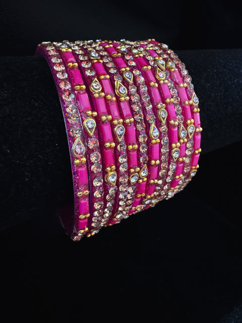 Hot Pink color Golden jerkan Stone beautiful Glass Bangles (1 Dozen in 1 pack ) Price per pack
