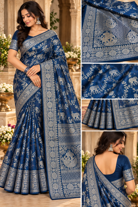 Luxuriously soft silk saree with a smooth, lightweight feel and beautifully flowy drape. Featuring rich woven zari floral motifs and an elegant detailed border .Blouse piece included. Slight variation in colour and design is possible.