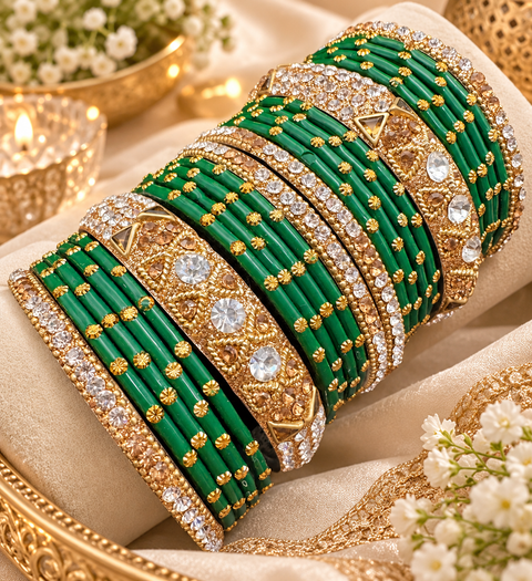 Green Glass bangles with golden brass bangles set (displayed picture is for both hands set) price is for whole set displayed in picture)