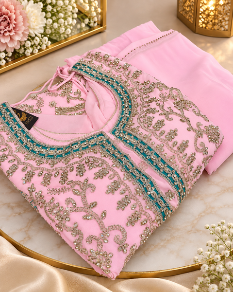 Georgette based beautiful embroidery and stone work kameez paired with a flowy georgette loose circular palazzo & dupatta . Slight variation in colour and design is possible.