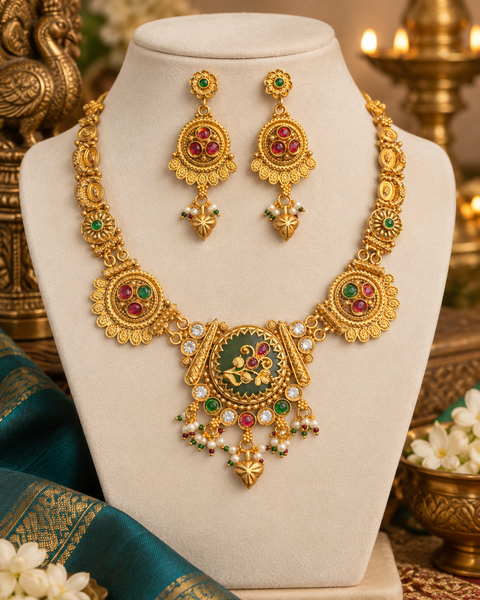 Elegant South Indian temple-style necklace set in a rich gold finish, detailed with red and green stones, pearl drops, and intricate traditional motifs. Comes with matching statement earrings(slight variation in color & design may occur)