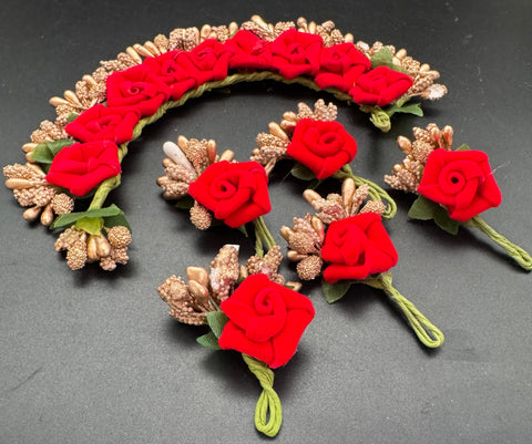 Red Floral Gajra with Pack of Beautiful flower hair Pins (5 pins and 1 Gajra in each pack) Price per pack