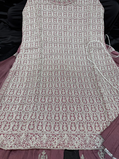 Georgette Based embroidery Work With Sequins Work kameez and sharara with dupatta & matching Potli bag