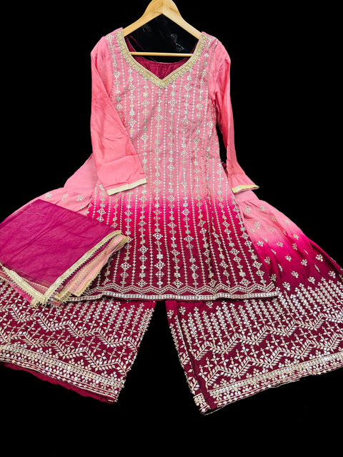 Ombré shades Georgette based sequined and embroidery work kameez with sharara pants and Georgette dupatta
