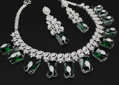 Beautiful American Diamond semi Bridal Necklace With Emerald Green Crystals