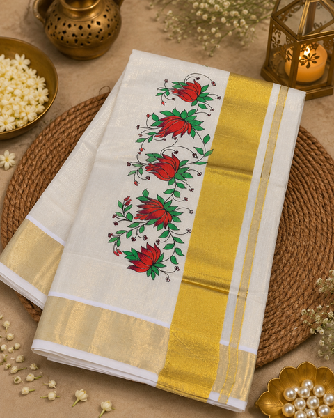 KERALA Gold Tissue SAREE WITH BEAUTIFUL FLORAL PRINT (slight variation in color & design is possible)