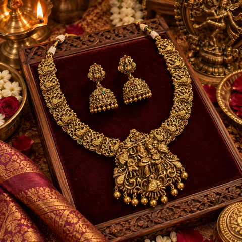 Elegant matte gold-finish Temple Jewellery Set featuring an intricate Krishna motif with beautifully detailed elephant designs and green stone accents. Comes with matching jhumka earrings(slight variation in color & design may occur)