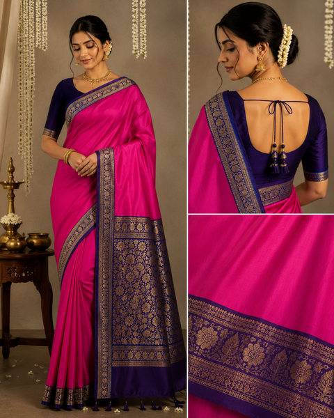 Plain silk Saree with contrast zari border and contrast plain Blouse, Model-Worn Blouse Is For Reference Only. Unstitched Blouse Piece Is Attached With Saree(Slight Variation In Color & Design Is Possible)