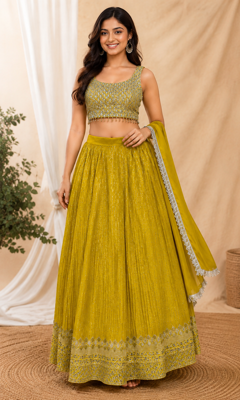 stunning mustard yellow lehenga set, beautifully adorned with intricate silver handwork, shimmering sequin detailing, and a heavily embellished designer blouse with graceful tassel accents(slight variation in color and design is possible)