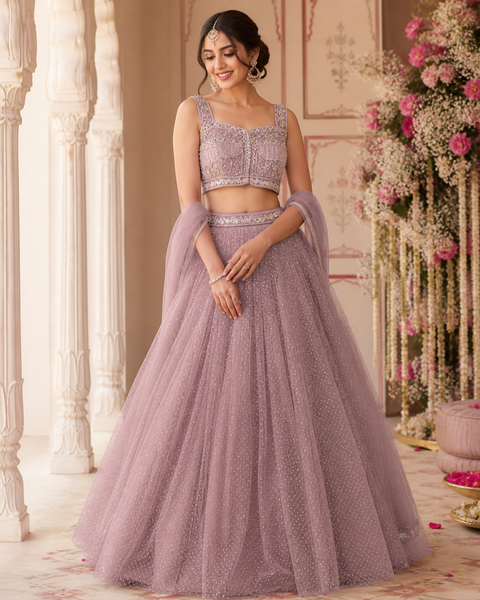 Netting based stones with mirror work designer blouse with shimmery netting heavy flared lehnga and netting based sequined work dupatta(slight variation in color and design is possible)