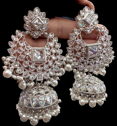 (video clip attached)Silver Original Kundan Polki stones & Pearls work Bridal necklace with beautiful Jhumka, tikka  NOTE:- original Polki stones not fake plastic stones)