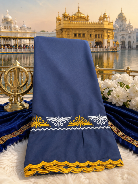 Elegant Hazoori Saropa crafted in rich navy blue fabric, adorned with traditional yellow and white embroidery and a delicate scalloped border.Size (around 216cms lenth / 84 cms wide)