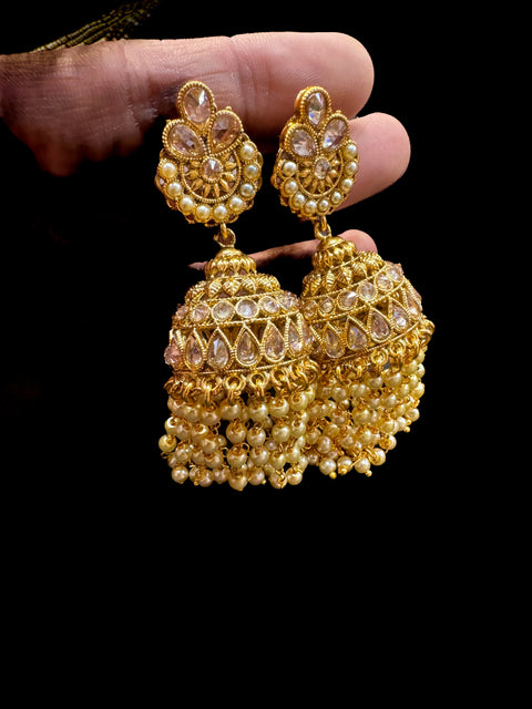 Original polki stone antique gold traditional long necklace set with pearls and kundan work jhumka