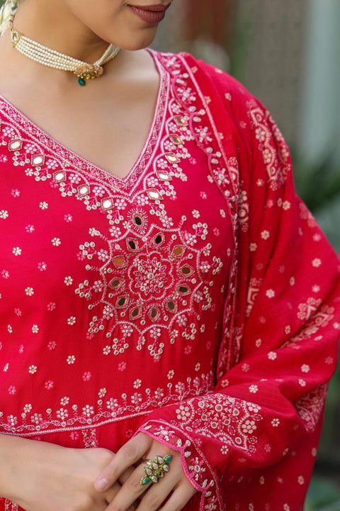 Pure & Soft Rayon Based Designer Embroidered & Mirror Work Anarkali Kurti With Plazo Pants & Dupatta(Video Clip attached)