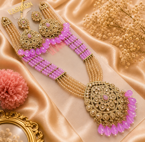 Crystal pearls with fine golden Jerkan stone With Pearls Beaded Necklace Set With Beautiful Earrings (slight variations in color and design is possible)