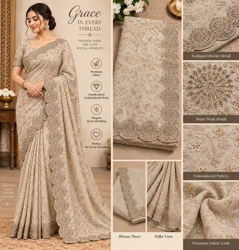 Mushroom Beige pure georgette saree with Kashmiri-inspired soft thread floral embroidery and delicate stone work all over. Finished with a beautifully detailed scalloped border for a rich, elegant look.