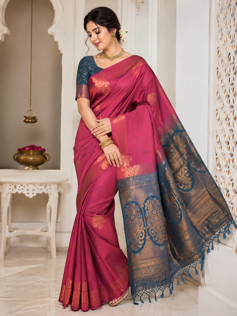 Premium South Silk Saree With Rich Zari Weaving And Contrast Woven Pallu. Featuring Elegant Dual-Tone Shades.Model-Worn Blouse Is For Reference Only. Unstitched Blouse Piece Is Attached With Saree(Slight Variation In Color & Design Is Possible)