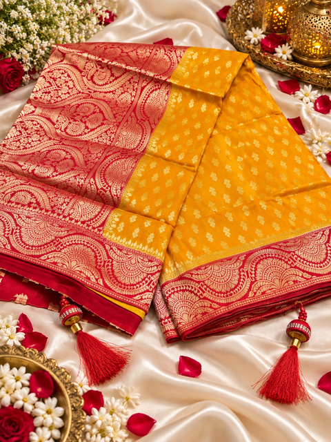Soft & glossy crepe silk saree with a smooth, lightweight feel and beautifully flowy drape. Featuring rich woven zari floral motifs and an elegant detailed border .Blouse piece included. Slight variation in colour and design is possible.