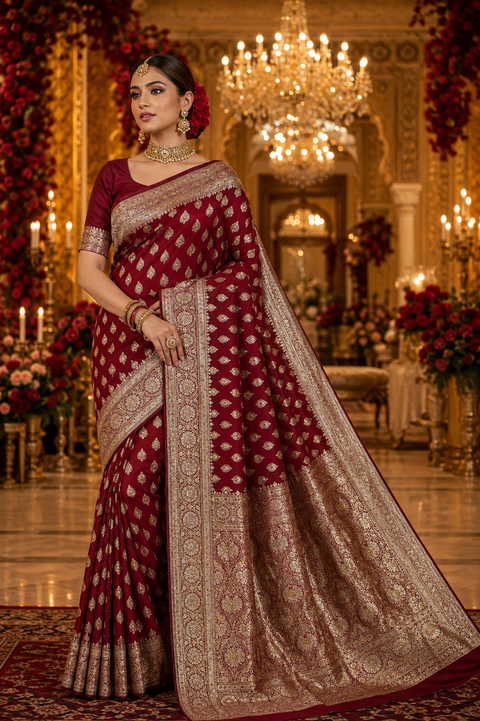 Luxurious Banarasi Silk Saree With Rich Zari Weaving And Elegant Stone Work On The Pallu. Comes With An Attached Blouse Piece. Model Image Is For Reference Only; Slight Variation In Color And Design May Occur.