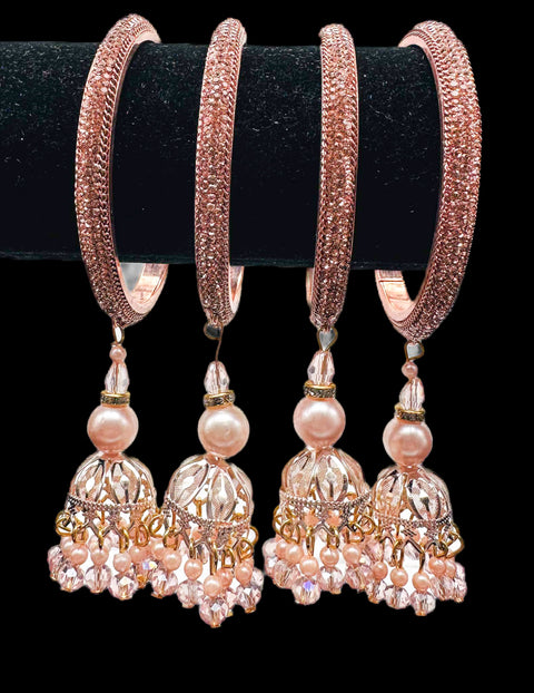 Beautiful Rosegold fine stone shiny Brass Bangles with Beautiful Latkan set (Sample picture attached at end to show it can be customised with plain Velvet or Metal Bangles)set of 4 Bangles