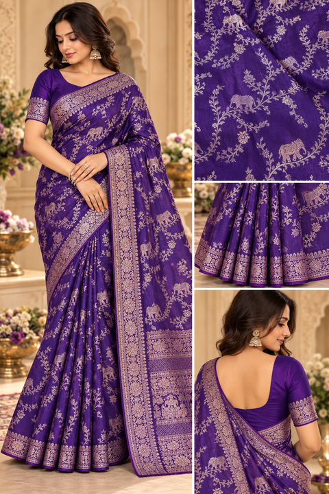 Luxuriously soft silk saree with a smooth, lightweight feel and beautifully flowy drape. Featuring rich woven zari floral motifs and an elegant detailed border .Blouse piece included. Slight variation in colour and design is possible.