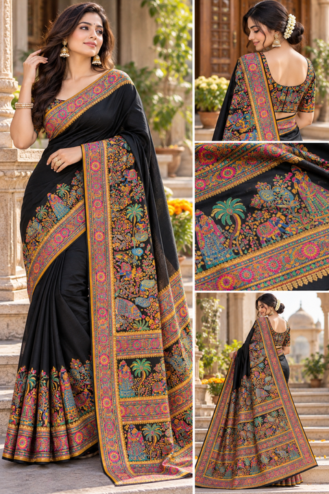 Elegant Black saree featuring rich multicolour traditional peacock, elephant and floral motifs with a beautifully detailed woven-style border and statement pallu. Blouse piece included. Slight variation in colour and design is possible.