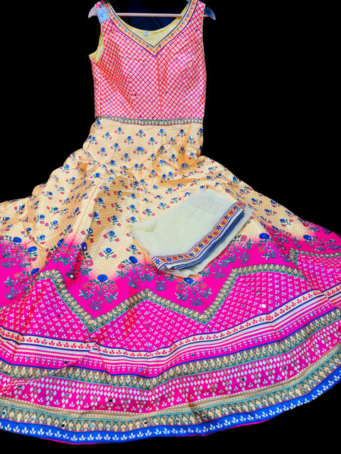 Silk based printed with Mirror work heavy flared gown and dupatta