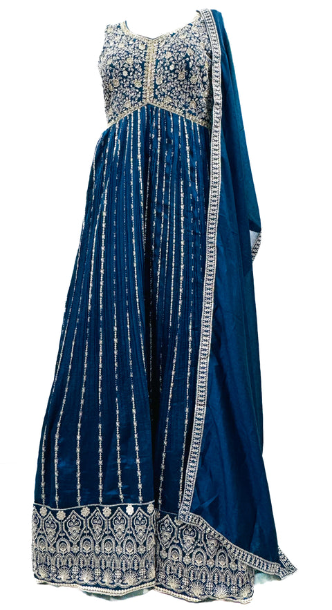 Chiffon based embroidery work with sequins  design on neck, heavy flared long kameez with georgette work dupatta