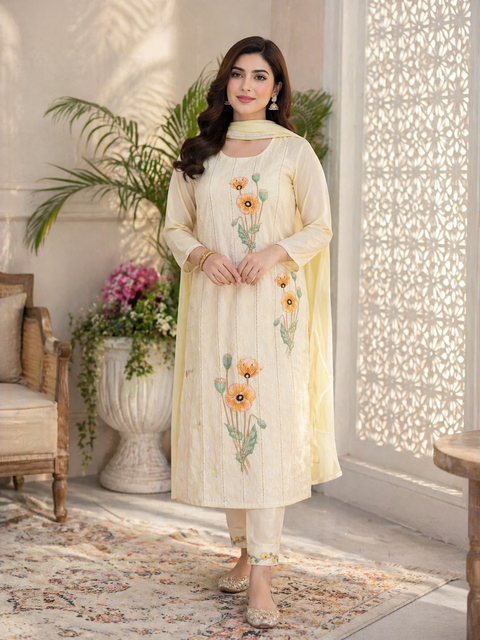 Size 38 Pure Rayon Based  Embroidery&  Printed Kurti With Plazo pants & pure chiffon Dupatta