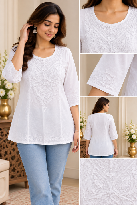 White Lucknowi Chikankari Short Kurti – Beautiful loose-fit short kurti with delicate Chikankari embroidery and lace detailing. Comfortable, elegant and easy to wear.Slight variation in design is possible.