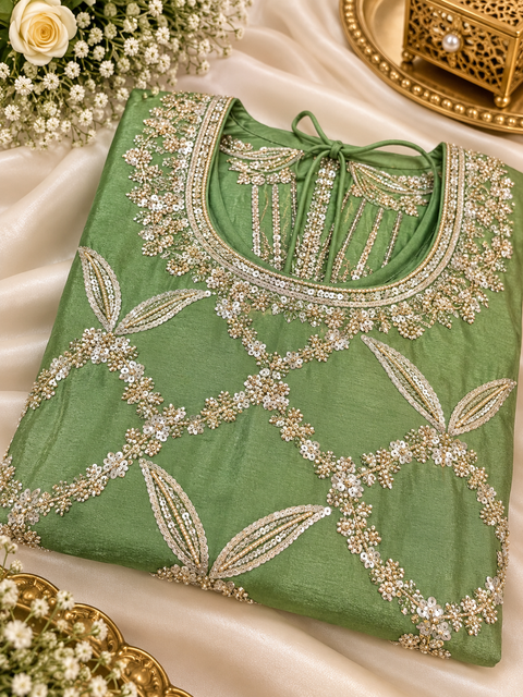 Heavy handwork & shiny stone work kameez with loose circular plazo and beautiful dupatta. Includes approximately 2-inch margin on both sides for size expansion. Slight variation in colour and design is possible