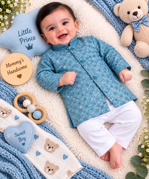 Soft Rayon chikankri sequin based Newborn Kurta Pajama Set with soft inner lining, easy front-open kurta & matching elasticated pajama for comfortable wear.Kurta L 35 cm,Chest 25 cm,Sleeve24 cm,Pajama L 33 cm.Slight variation in colour & design may occur