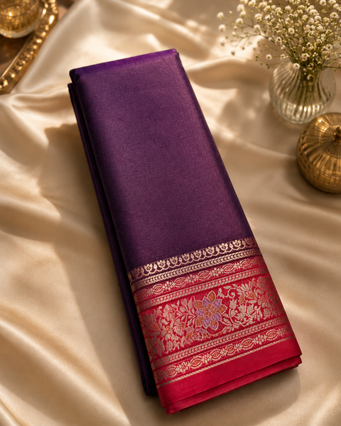 Plain silk Saree with contrast zari border and contrast plain Blouse, Model-Worn Blouse Is For Reference Only. Unstitched Blouse Piece Is Attached With Saree(Slight Variation In Color & Design Is Possible)