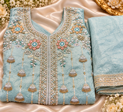 Beautiful short top with exquisite all-over handwork on luxurious crushed fancy silk fabric. Paired with loose, flowy palazzo pants and a matching dupatta. Slight variation in colour and design is possible