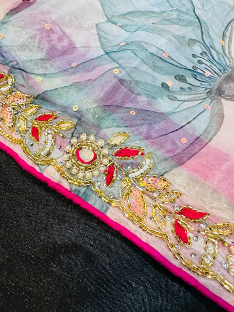 (Video clip attached )Tint of pink colour Pure and very very soft malmal tissue silk Saree with handwork border and floral print with sequined