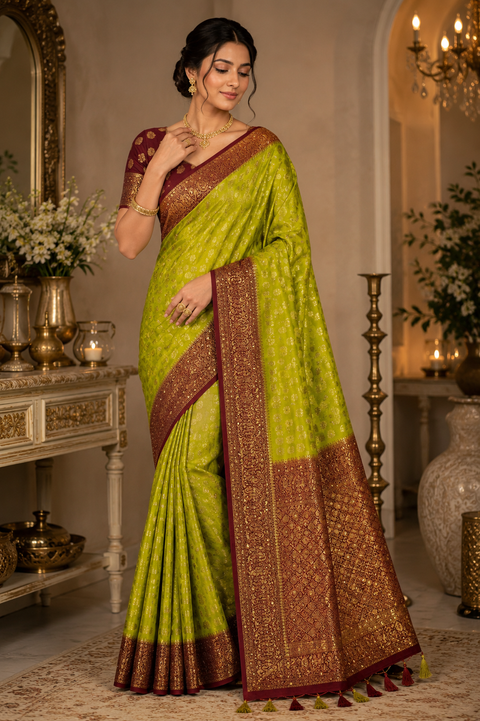 Premium Art Silk Saree featuring elegant zari weaving & stone work throughout; saree comes with an attached blouse piece. Model blouse is for reference only. Slight variation in colour and design may occur