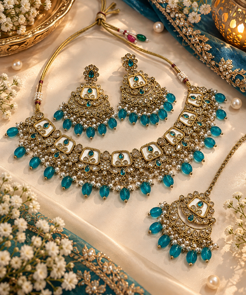Beautiful polki stones with pearls and colorful stones necklace & earrings with Tikka. Slight variations in colour and design are possible