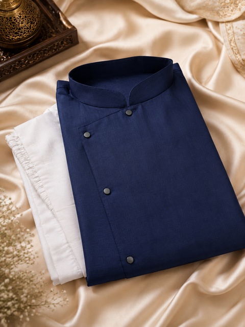 Navy Blue colour cotton linen based side button and cut work bottom style kurta with white pants slight variation in color and design is possible )