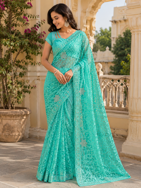 Netting based embroidery jaal all over with stone work designer saree(blouse piece worn by model is for reference only, blouse piece attached to Saree) slight variation in color and design is possible)