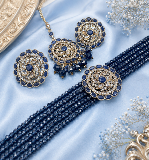 Jerkan fine stone with pearls beaded choker set with beautiful studs & tikka