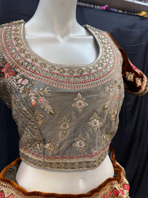 (Video Clip attached)size 40 (upto 44) Velvet based hand work with stones work two toned design Heavy Ken ken Bridal designer lehnga with heavy handwork blouse with netting heavy work dupatta and heavy latkans
