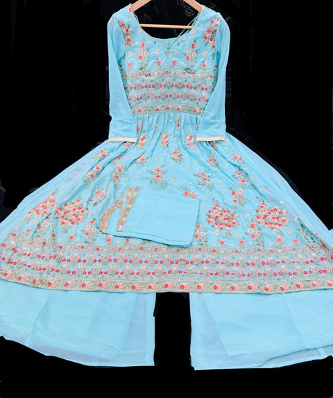 Georgette based sequined and embroidery work kameez with sharara pants and Georgette dupatta