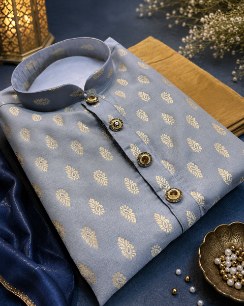Soft Silk based Heavy brocade work designer Kurta with golden Pajama (slight variation in color and design is possible)